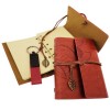 Brown Leather Notebook and Keychain Set in Decorative Wooden Box