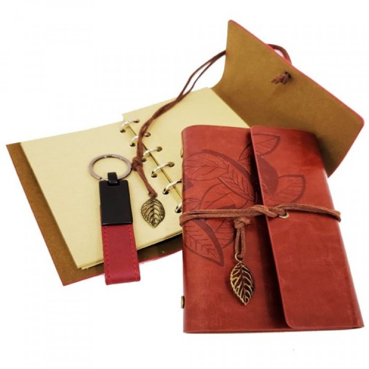 Brown Leather Notebook and Keychain Set in Decorative Wooden Box