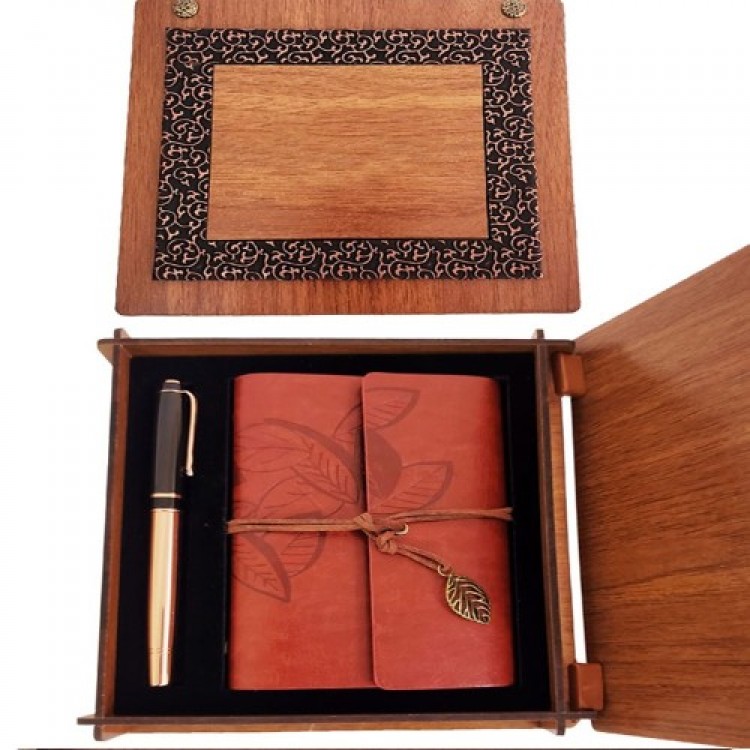 Decorative Gift Wooden Boxed Coffee Leather Notebook and Metal Copper Pen