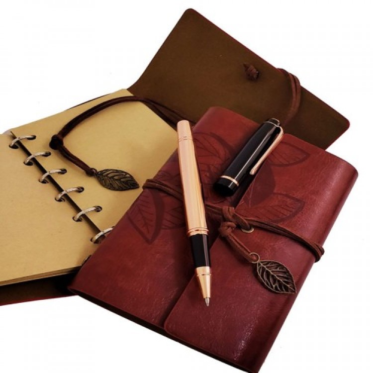 Decorative Gift Wooden Boxed Coffee Leather Notebook and Metal Copper Pen