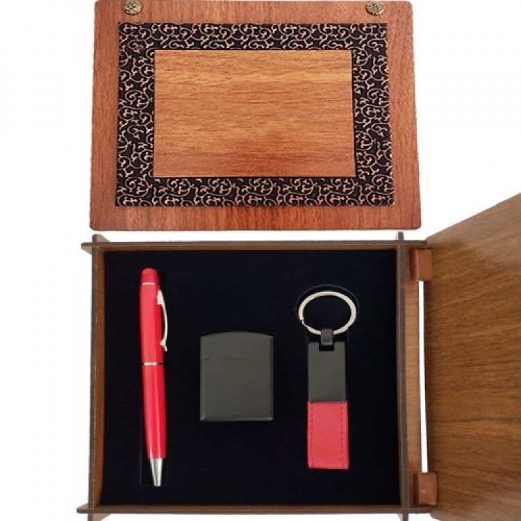 Wooden Box Red Pen Keyring and Lighter Set Wooden Box Red Pen Keyring and Lighter Set