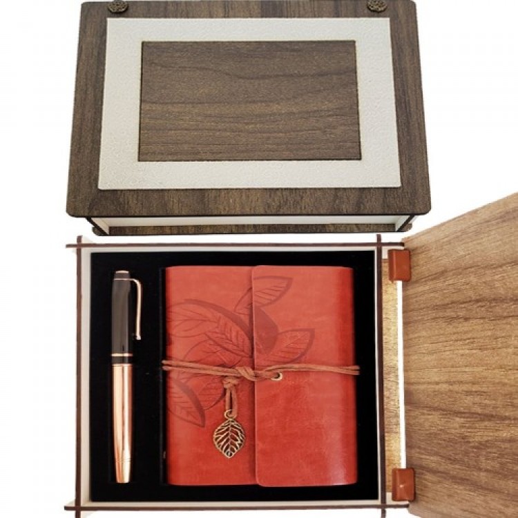 Special Wooden Boxed Coffee Leather Notebook and Copper Roller Pen Set Special Wooden Boxed Coffee Leather Notebook and Copper Roller Pen Set