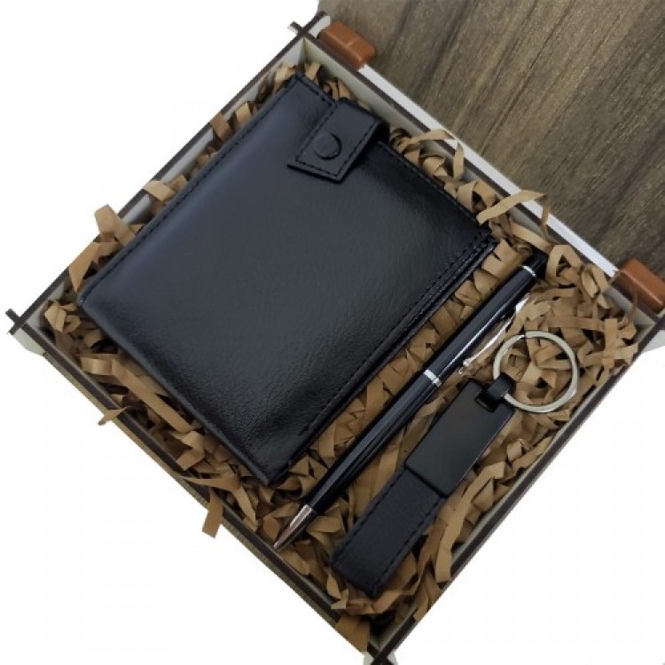 Decorative Wooden Boxed Men's 3-Piece Set Wallet Key Pen Gift Set