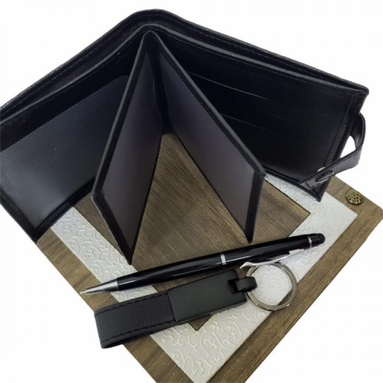 Decorative Wooden Boxed Men's 3-Piece Set Wallet Key Pen Gift Set