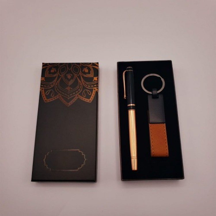 Leather Keyring and Brass Rollerball Pen Set
