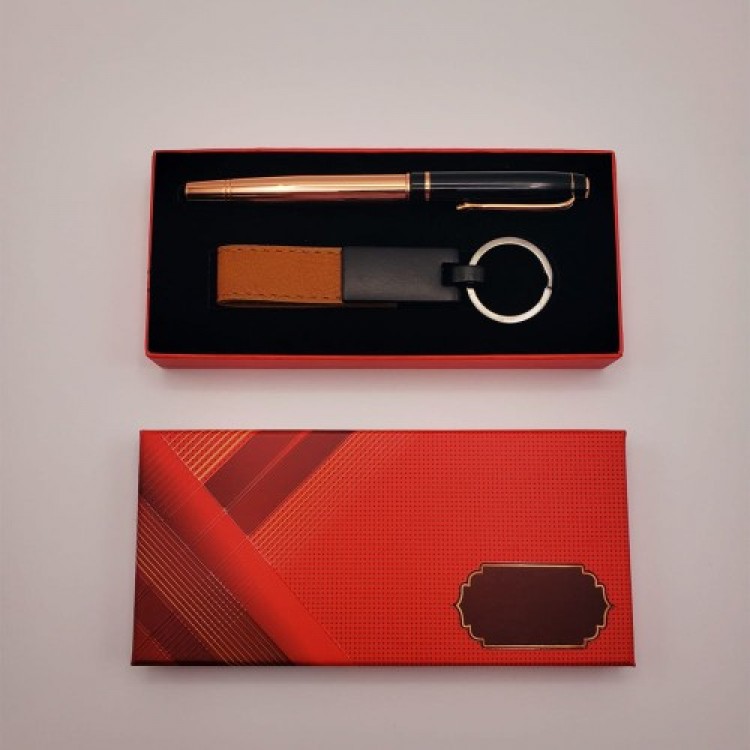 Leather Metal Keyring and Rollerball Pen