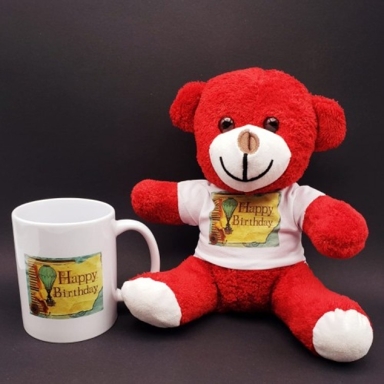 Happy Birthday Printed Red Bear and Mug Set