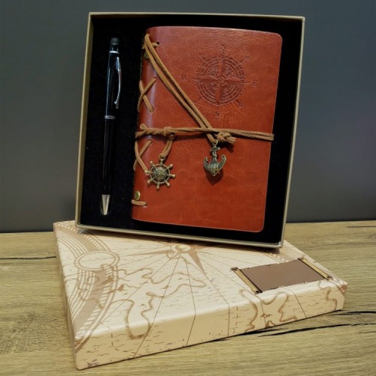 Compass Printed Leather Notebook Pen Set Compass Printed Leather Notebook Pen Set