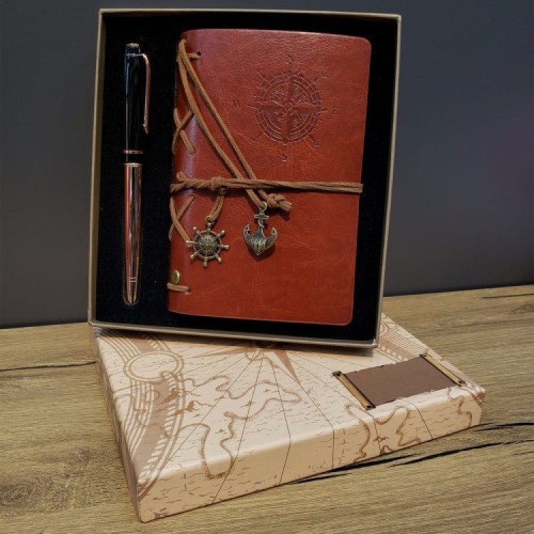 Leather Compass Design Notebook and Metal Pen Set