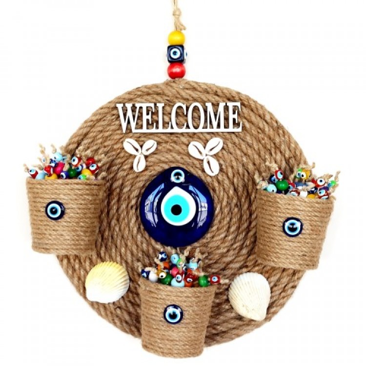 Wicker Door Ornament with Three Flower Pots and Welcome Written Seashells and Evil Eye Beads Wicker Door Ornament with Three Flower Pots and Welcome Written Seashells and Evil Eye Beads