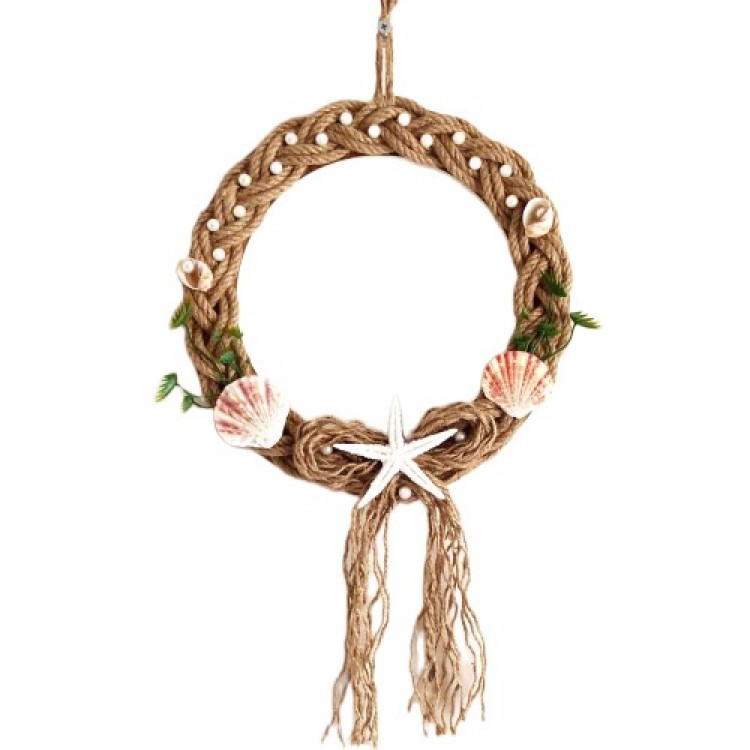 Handmade Decorative Door and Wall Ornament with Woven Straw, Sea Star, and Pearl