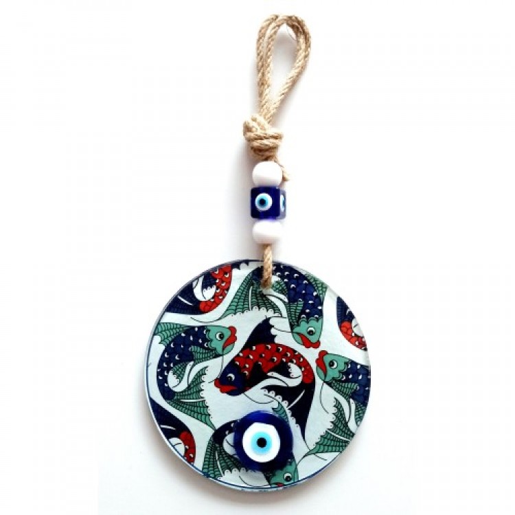 Fish Patterned Evil Eye Beaded Fused Glass Wall Decoration