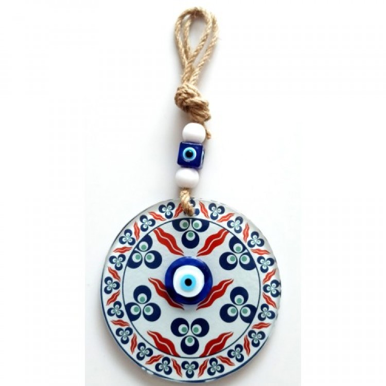 Fusion Glass Wall Ornament with Three Drop Patterned Evil Eye Beads