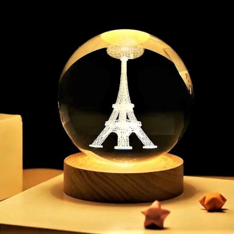 Decorative Eiffel Tower Design Wooden Base Illuminated Glass Globe Glass: 6cm Wood: 2cm