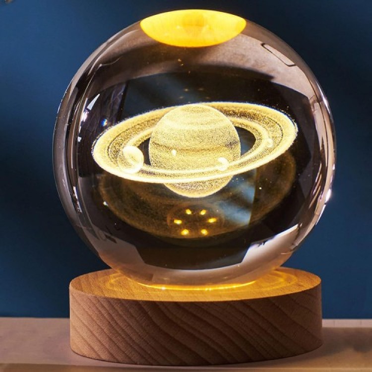 Decorative Saturn Design Wooden Base Illuminated Glass Sphere Glass: 6cm Wood: 2cm