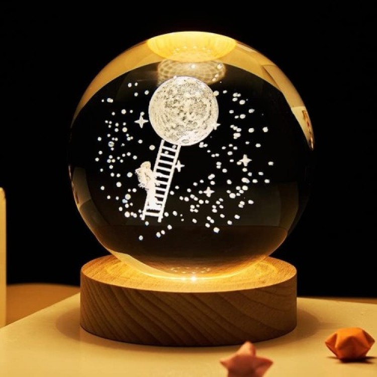 Decorative Staircase Astronaut Design Wooden Base Illuminated Glass Sphere Large Size Glass: 8cm Wood: 2cm