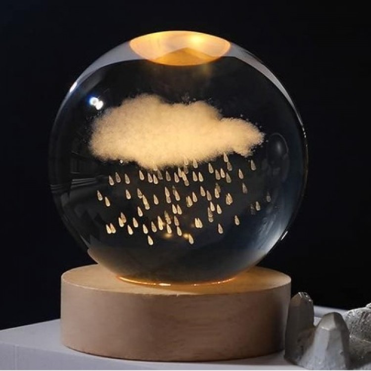 Large Decorative Cloud and Rain Design Wooden Base Illuminated Glass Globe Glass: 8cm Wood: 2cm