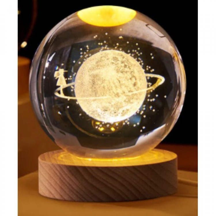 Decorative SATURN GIRL Design Wooden Base Illuminated Glass Globe Large Size Glass: 8cm Wood: 2cm