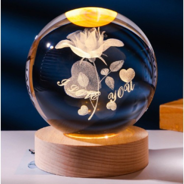 Decorative Rose I Love You Design Wooden Base Lighted Glass Globe Large Size Glass: 8cm Wood: 2cm