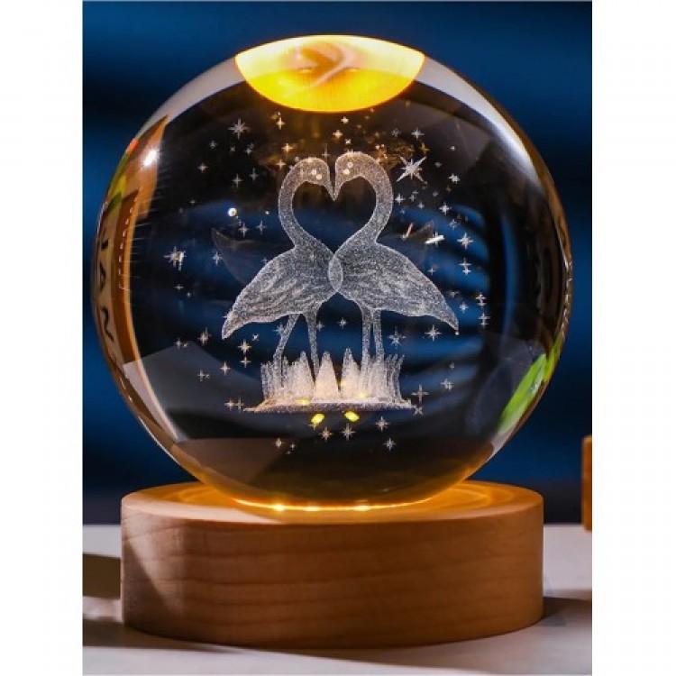Decorative FLAMINGO Design Wooden Base Illuminated Glass Globe Large Size Glass: 8cm Wood: 2cm