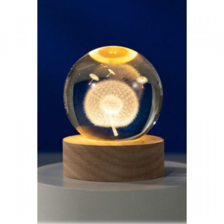 Large Decorative Dandelion Design Wooden Base Illuminated Glass Globe Glass: 8cm Wood: 2cm