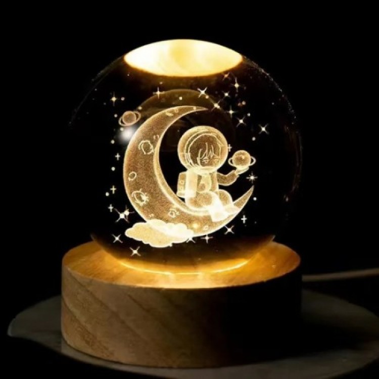 Decorative Wooden Base with Astronaut Design on the Moon, Illuminated Glass Sphere, 6cm