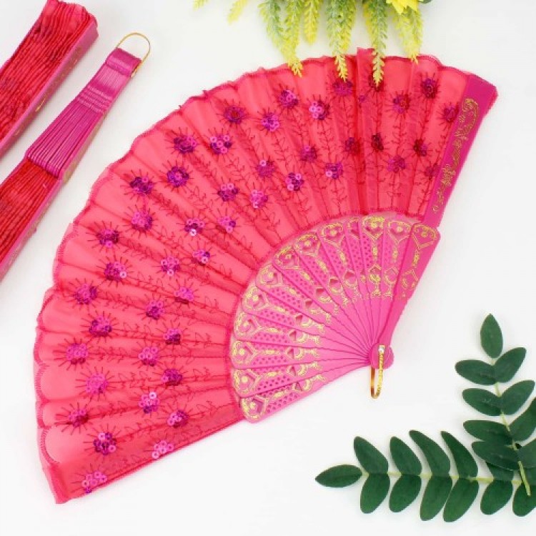 Plastic Beaded Fabric Fan Set of 12 Fuchsia Plastic Beaded Fabric Fan Set of 12 Fuchsia