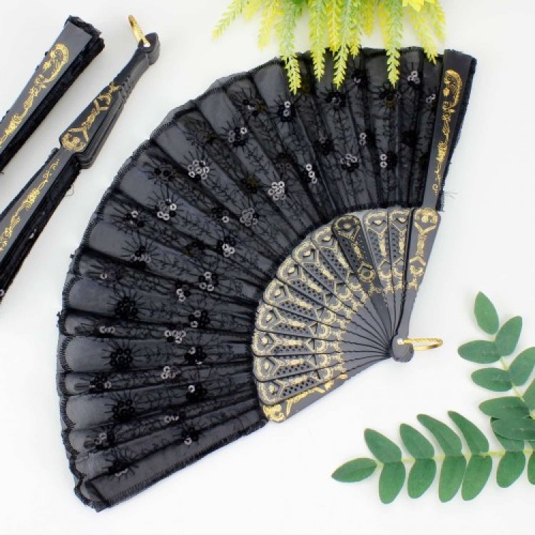 Plastic Beaded Fabric Fan, Set of 12, Black Plastic Beaded Fabric Fan, Set of 12, Black