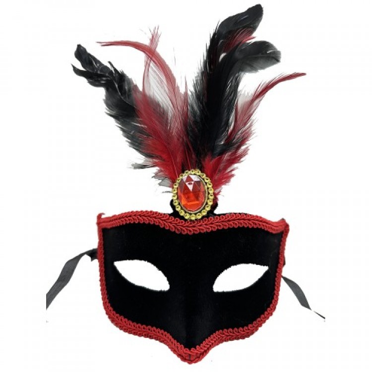 Red Lace Black Red Feathered Black Suede Covered Party Mask 17x25 cm Red Lace Black Red Feathered Black Suede Covered Party Mask 17x25 cm