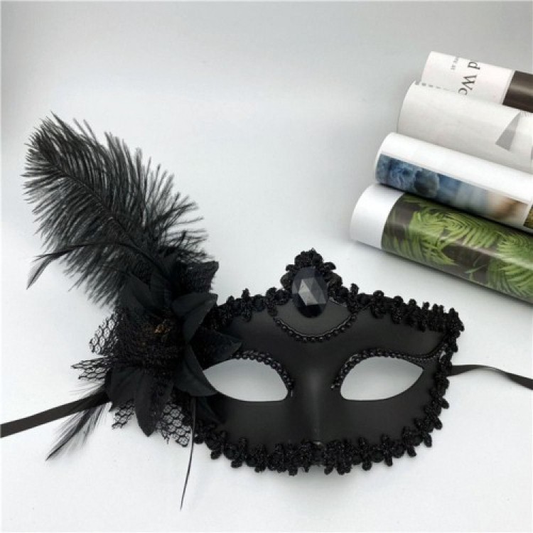 Black Matte Color Side-Feathered Rose Party Ball Venetian Mask 16x22 Black Matte Color Side-Feathered Rose Party Ball Venetian Mask 16x22