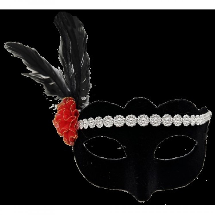 Black Suede Covered Silver Lace Red Rose Design Party Mask 18x20 cm Black Suede Covered Silver Lace Red Rose Design Party Mask 18x20 cm