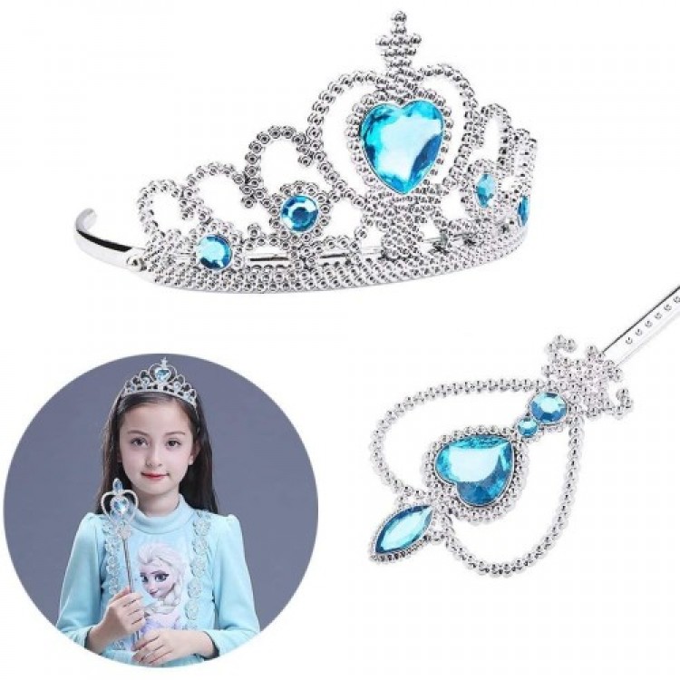 Frozen Elsa Blue Heart Crown and Blue Wand Set Children's Size