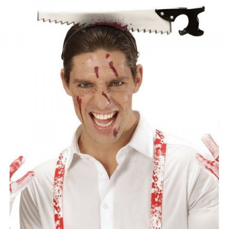 Halloween Bloody Saw Joke Crown Stuck on Head Halloween Bloody Saw Joke Crown Stuck on Head