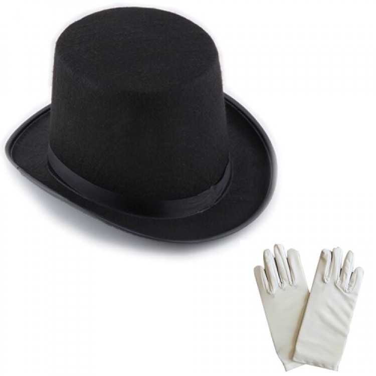 Black Magician Fedora Hat 15 cm - 1 Pair of White Magician Gloves - Adult Size Black Magician Fedora Hat 15 cm - 1 Pair of White Magician Gloves - Adult Size