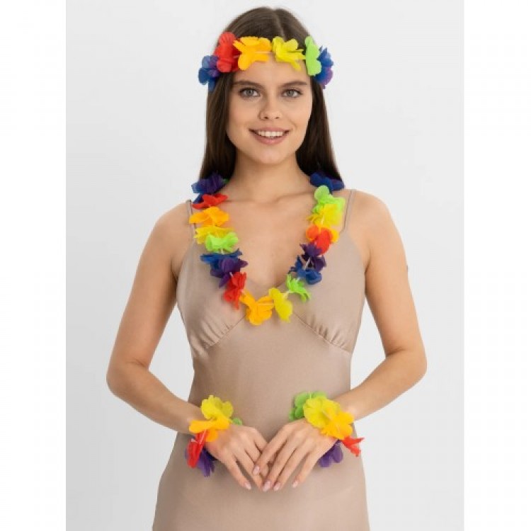 Colorful Hawaiian Necklace Crown Bracelet Set 4 Pieces Colorful Hawaiian Necklace Crown Bracelet Set 4 Pieces