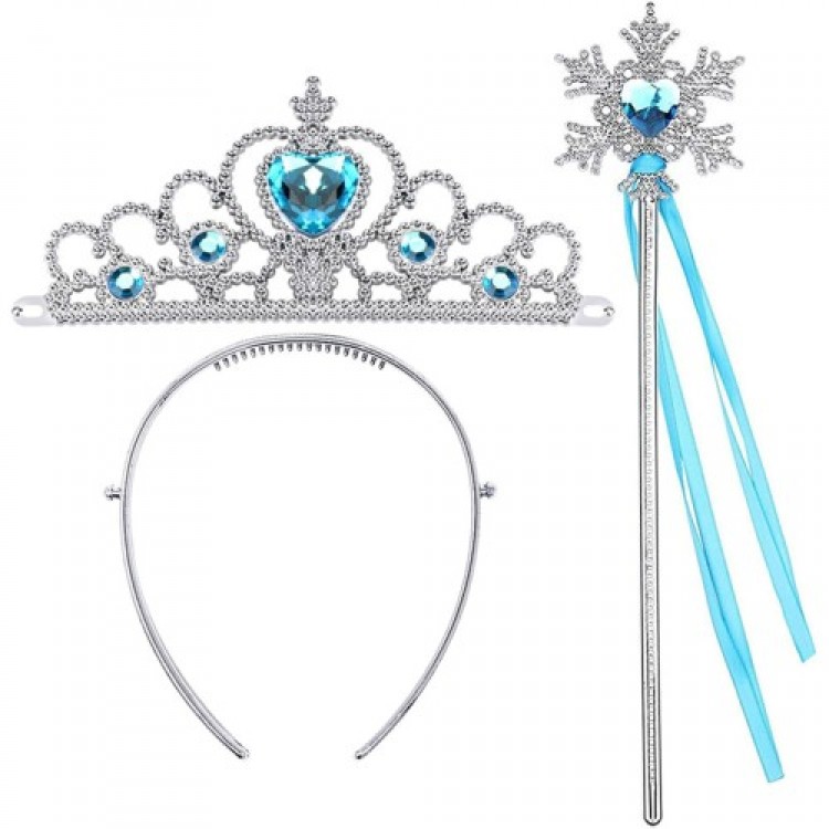 Frozen Elsa Blue Heart Crown and Snow-Themed Wand Set