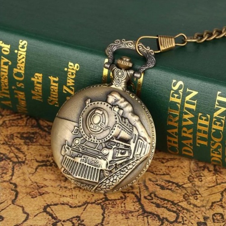 Antique Train Design Pocket Watch with Chain