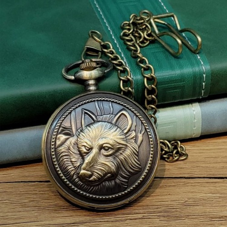 Antique Pocket Watch with Wolf Motif