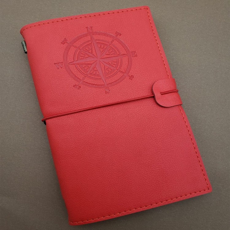 Red Leather Notebook with Compass Design