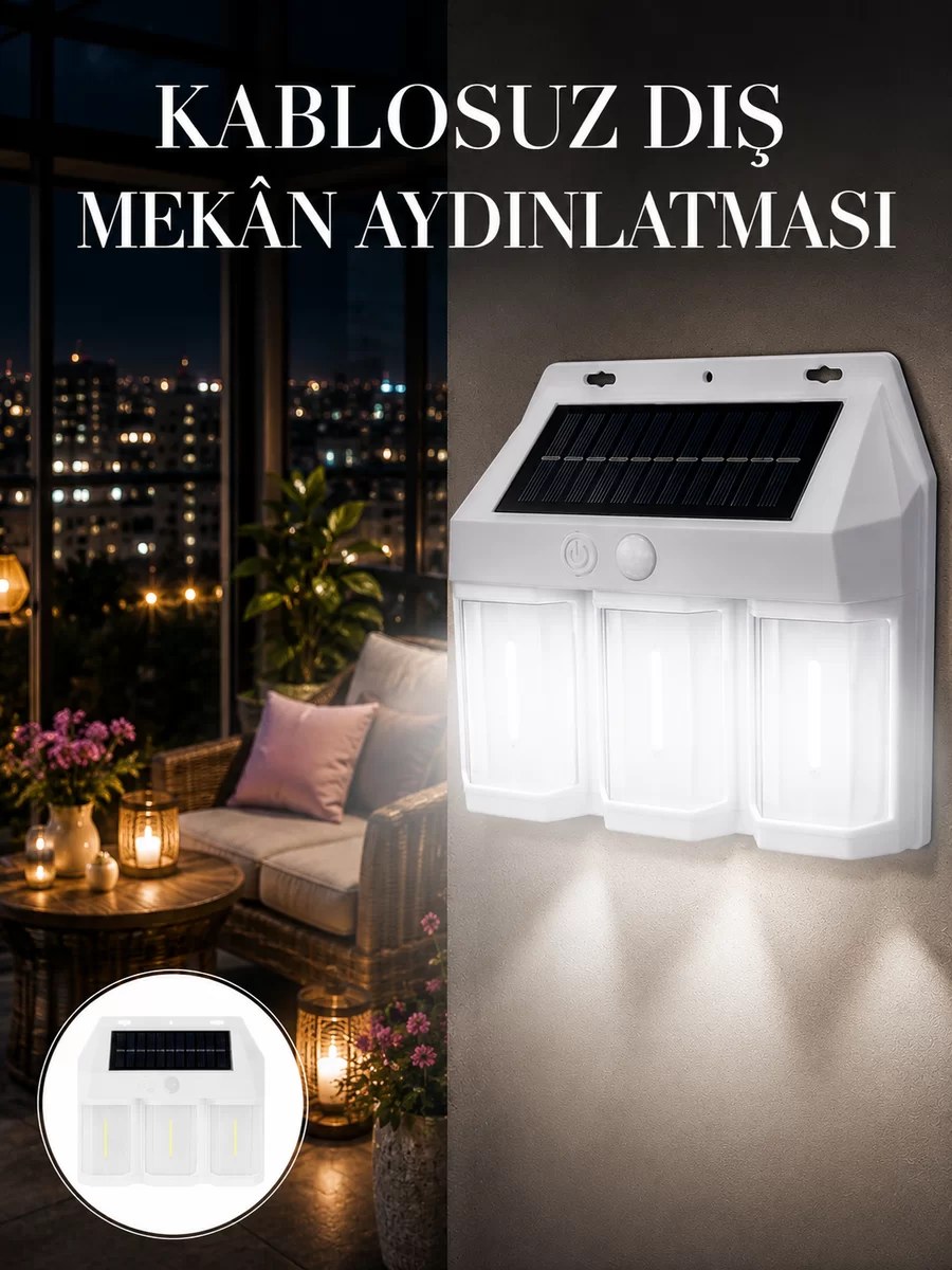 Dış Mekan Solar Duvar Lambası – 120° Hareket Algılama 3 Işık Modu Yeni Nesil