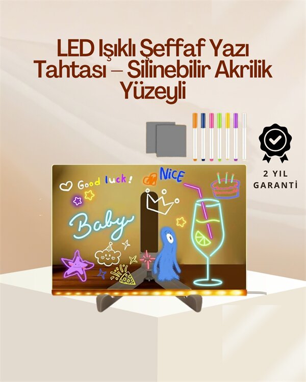Çocuklar İçin Renkli LED Mesaj Tahtası – Neon Kalemli Eğlenceli ve Yaratıcı Yazı Panosu