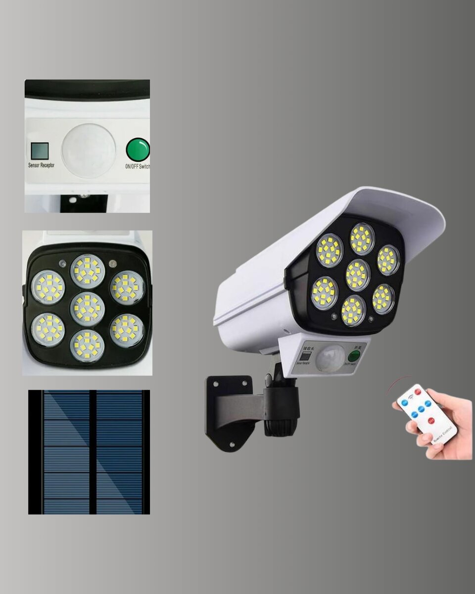 77 LED'li Güneş Enerjili Güvenlik Lambası ve Kukla Kamera – Hareket Sensörlü 2400mAh Pilli